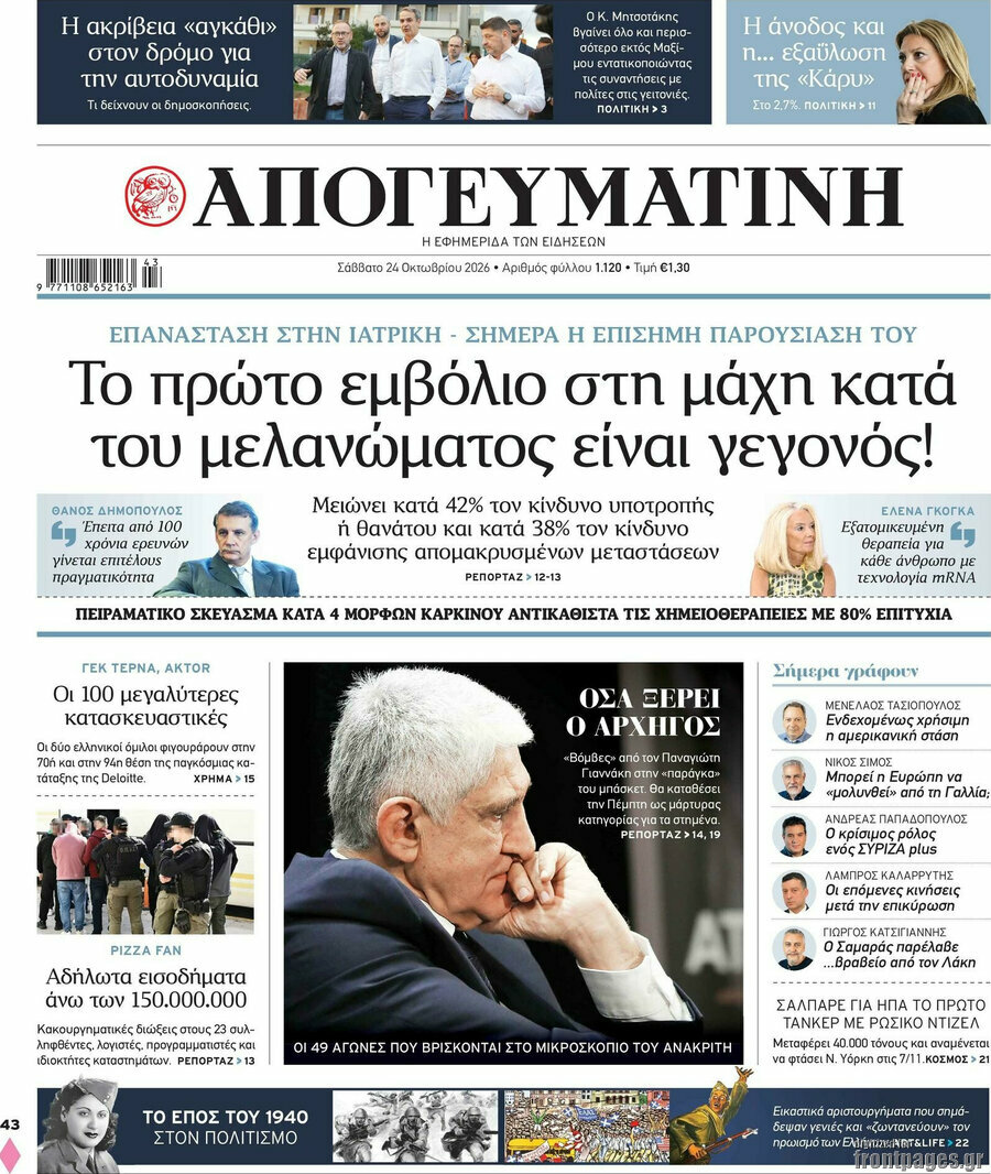 Πρωτοσέλιδο Απογευματινή – 24 Οκτωβρίου 2026: Το πρώτο εμβόλιο στη μάχη κατά του μελανώματος είναι γεγονός!