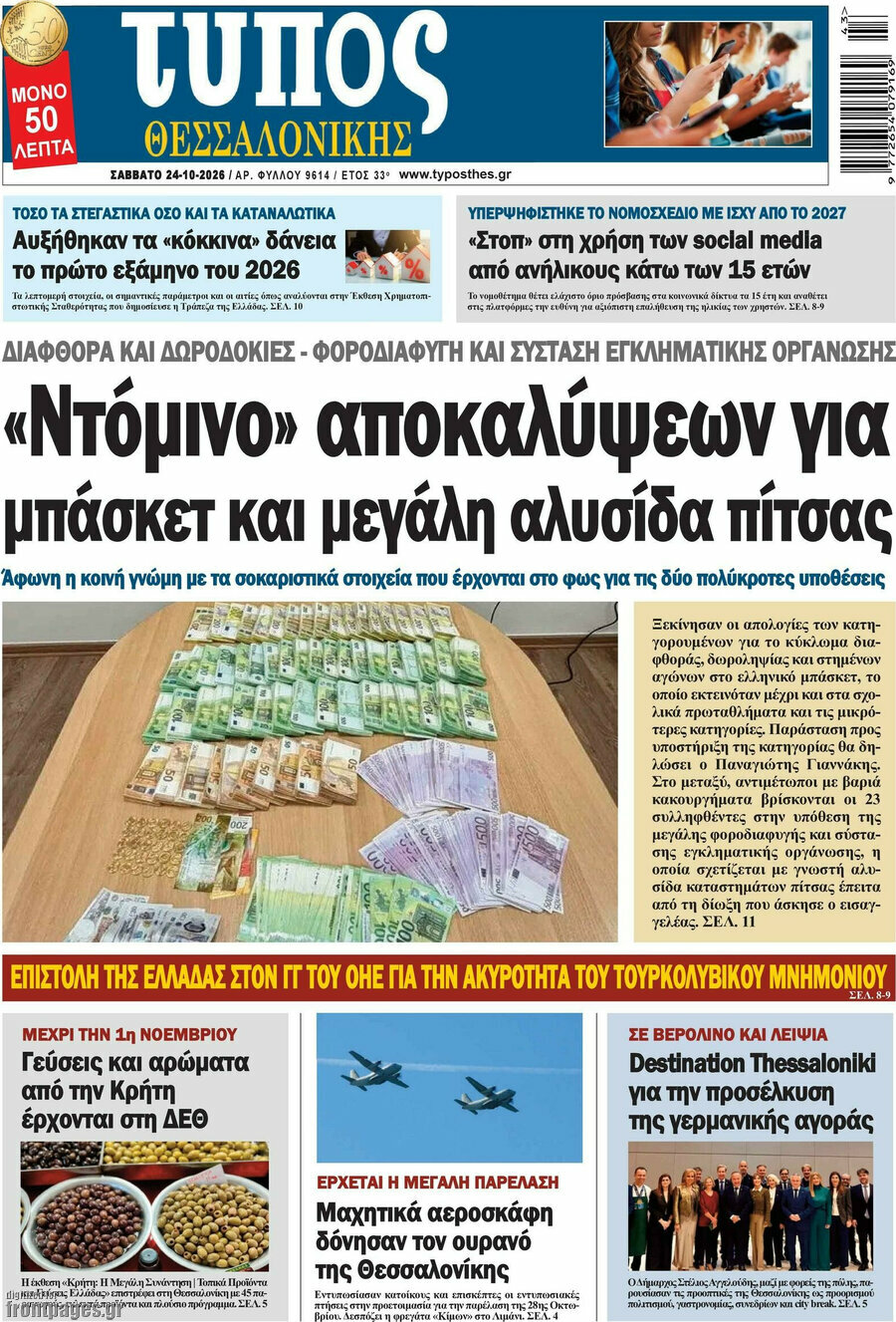 Πρωτοσέλιδο Τύπος Θεσσαλονίκης – 24 Οκτωβρίου 2026