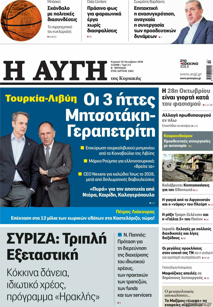 Πρωτοσέλιδο Αυγή – 25 Οκτωβρίου 2026: Οι 3 ήττες Μητσοτάκη-Γεραπετρίτη