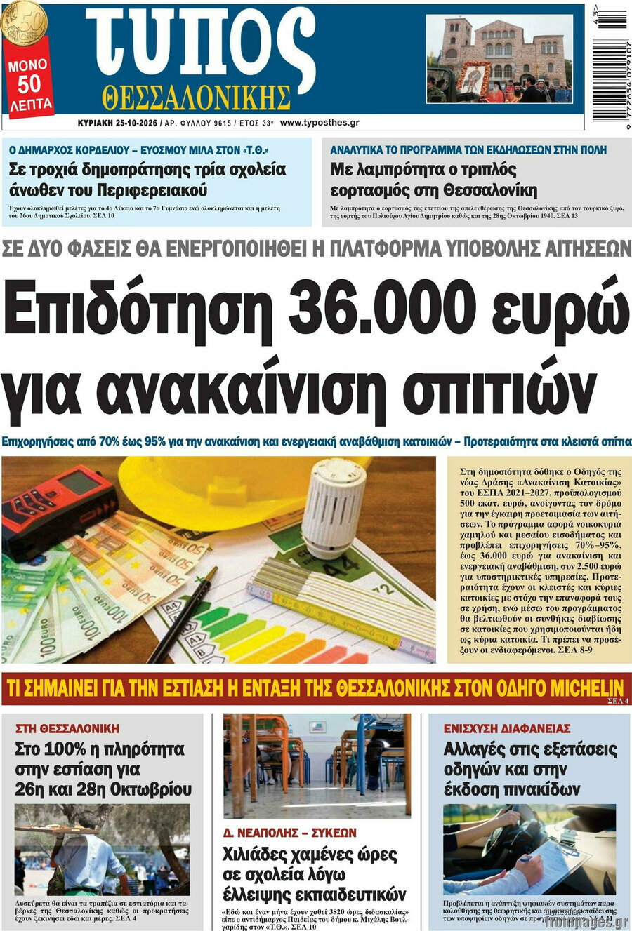 Πρωτοσέλιδο Τύπος Θεσσαλονίκης – 25 Οκτωβρίου 2026