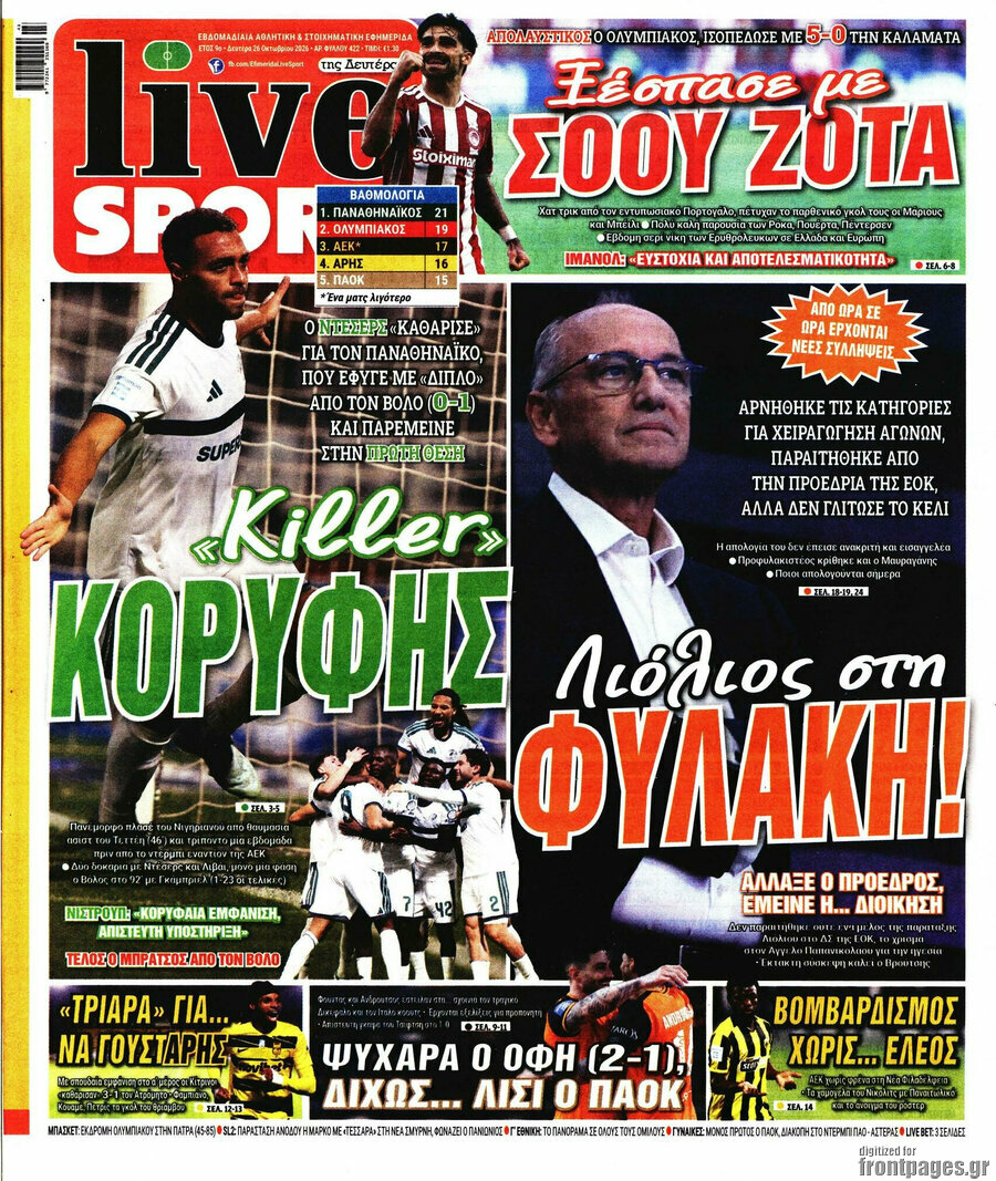 Πρωτοσέλιδο Live Sport – 26 Οκτωβρίου 2026