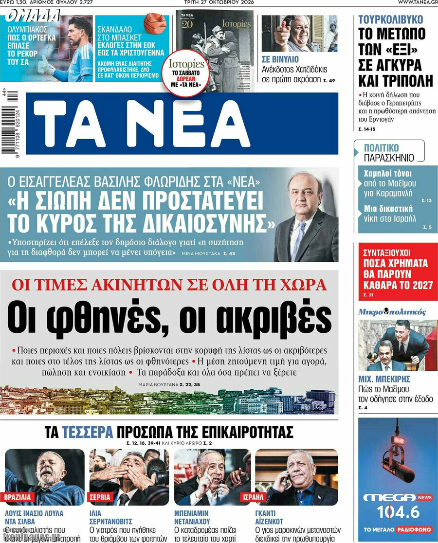Πρωτοσέλιδο Τα Νέα – 27 Οκτωβρίου 2026: Οι φθηνές, οι ακριβές