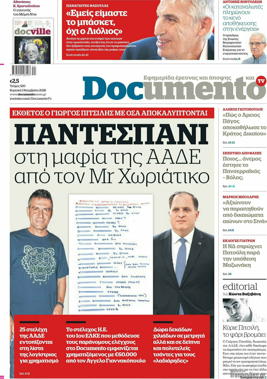 Πρωτοσέλιδο Documento – 1 Νοεμβρίου 2026: Παντεσπάνι στη μαφία της ΑΑΔΕ από τον Mr Χωριάτικο